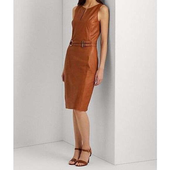 Lauren Ralph Lauren Women Sz 6 Brown Lamb Leather Sleeveless Sheath Dress $595 - Picture 11 of 13